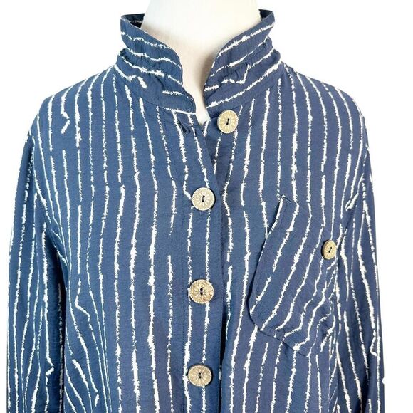 John Mark Blue Striped Tunic Artsy Boho Asymmetrical Accents Wire Collar Size M - Picture 2 of 9